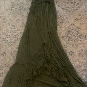Olive green summer maxi dress with ruffle at the bottom. Halter neckline